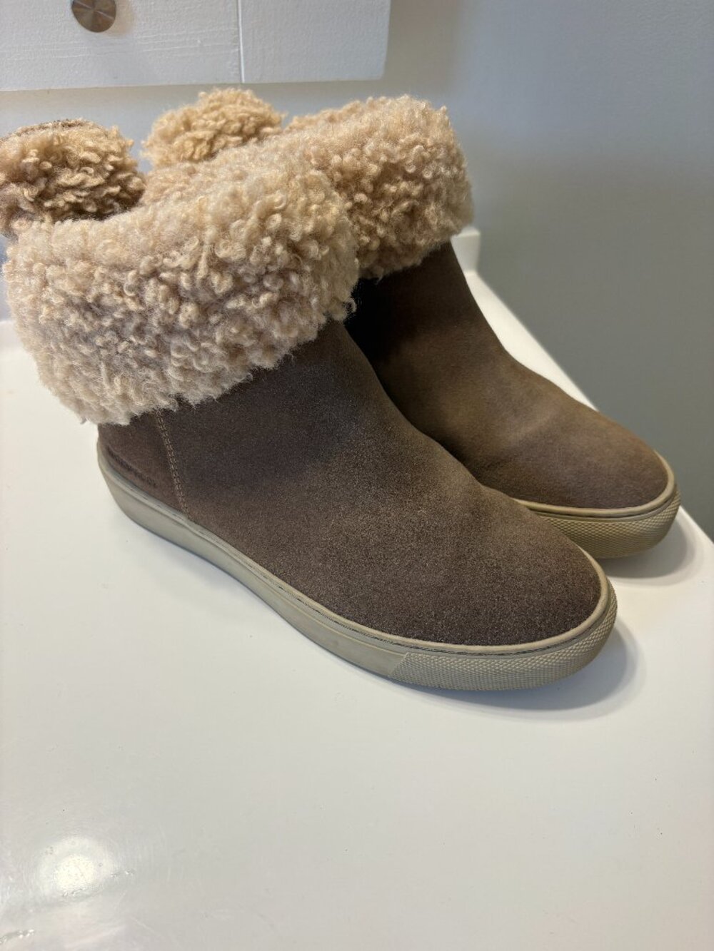 Cougar Devon Waterproof Draft Winter Boots Suede Brown Teddy Fur Collar Fold Tan